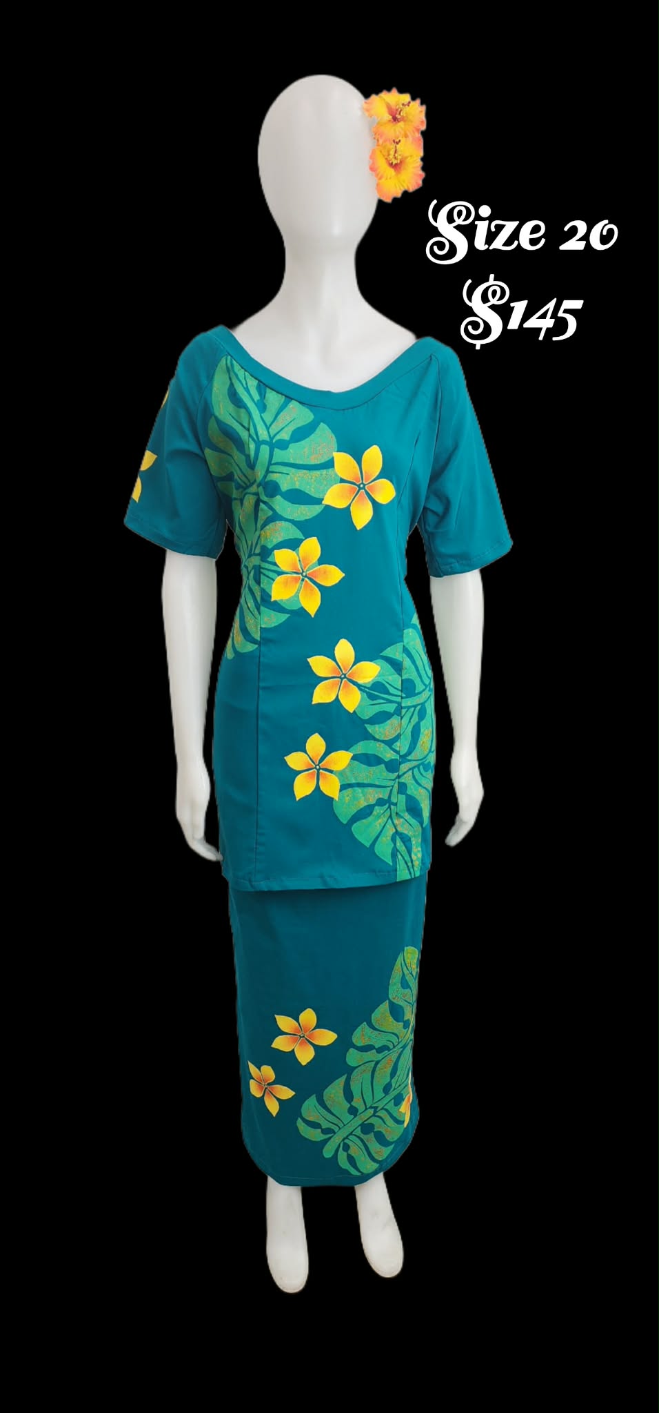 Kimoana Green with Yellow Pua Puletasi Size 20