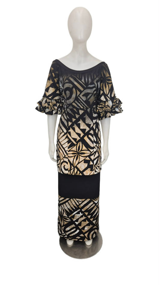 River of Glory Black and Gold Puletasi Size 20
