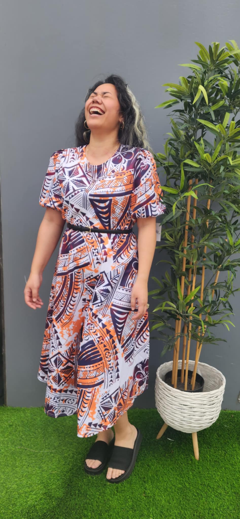 Brown Orange Elei on White Faafetai Dress