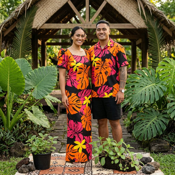 Lilia Orange Black Couple Set (Dress Size 22, Shirt 2XL)